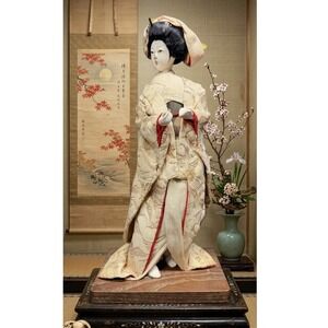 Vintage Japanese Geisha Doll Silk Kimono Crane Brocade Wooden Base Antique Art